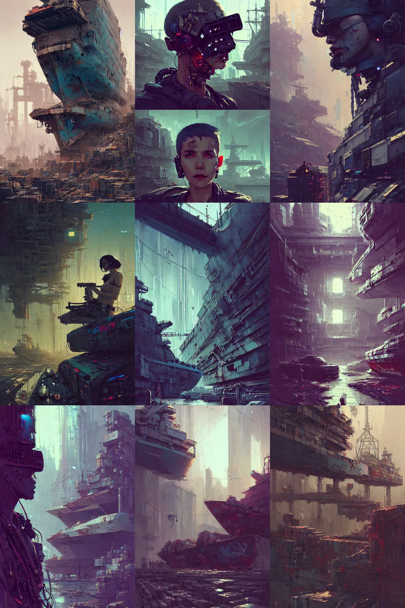 Prompt: hyper - realistic cyberpunk portrait of cargo ship graveyard, extreme detail, in style of col price, atey ghailan, by greg rutkowski, by greg tocchini, by james gilleard, by joe fenton, by kaethe butcher, grunge aesthetic