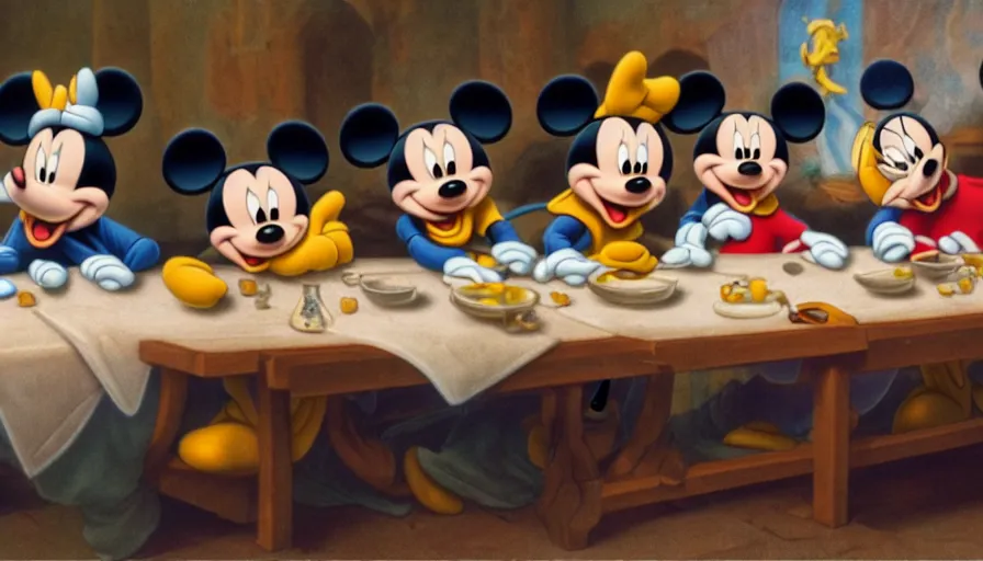 Image similar to disney characters at the last supper, mickey and minnie mouse, donald duck, goofy, pluto