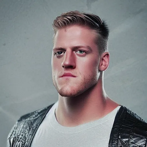 Image similar to “a realistic detailed photo of a guy who is an attractive humanoid who is half robot and half humanoid, who is a male android, football player JJ Watt, shiny skin, posing like a statue, blank stare”