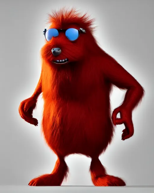 Prompt: 3 d render of completely red hairy friendly antropomorphic creature wearing chrome shades, no nose, small smile, full body, standing on 2 feet, in the style of pixar, white background, unreal engine 5, octane render, highly detailed hdr