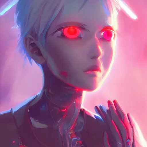 Image similar to digital cyberpunk anime character concept art gorgeous small female android cyborg - angel glowing red left eye and glowing blue right eye large angelic wings, wlop, rossdraws, sakimimichan, ilya kuvshinov, krenz cushart, greg rutkowski.