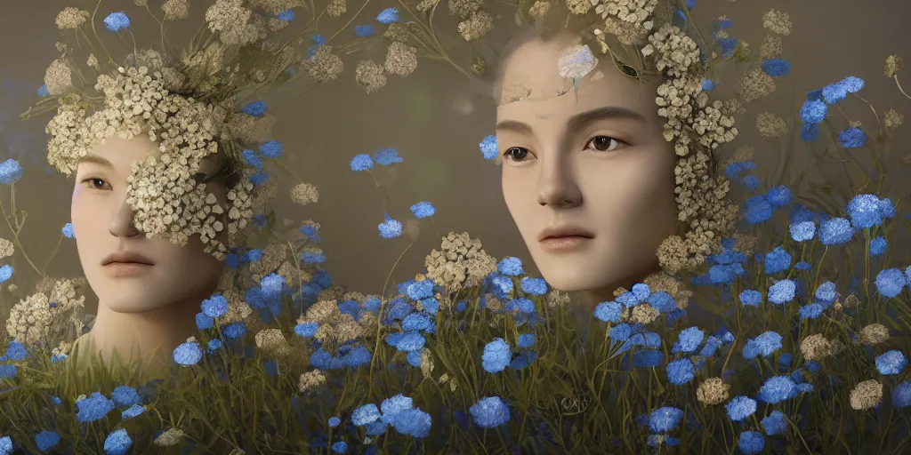 Prompt: goddess of nemophila flowers portrait, amalgamation of leaves and flowers, orthodox saint, beautiful raking sunlight, nemophila flowers. intricate artwork by Hsiao-Ron Cheng. octane render, trending on artstation, greg rutkowski. cinematic, hyper realism, high detail, octane render, 8k