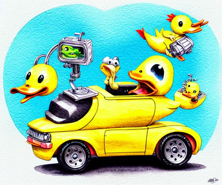 Image similar to cute and funny, duckling driving a tiny hot rod with an oversized engine, ratfink style by ed roth, centered award winning watercolor pen illustration, isometric illustration by chihiro iwasaki, edited by craola, tiny details by artgerm and watercolor girl, symmetrically isometrically centered