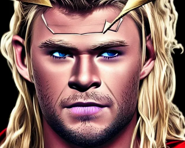 Image similar to chris hemsworth as thor with tons of drag queen makeup, digital art, amazing detail, photorealistic