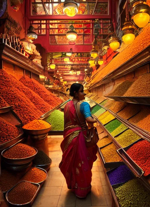 Image similar to an indian woman shopping at a spice market at night, wet, shiny, fantasy, intricate, elegant, hyper detailed, ultra definition, photoreal, artstation, unreal engine rendered, concept art, smooth, sharp focus, illustration, art by artgerm and greg rutkowski and alphonse mucha and garis edelweiss