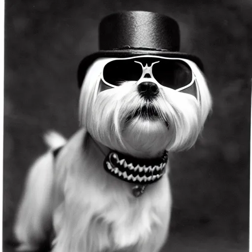 Prompt: a shih tzu wearing sunglasses while wearing a hat while smoking a cigar while wearing a spiked collar, noir film