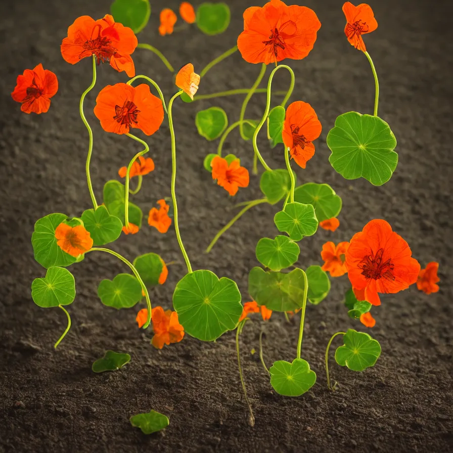 Prompt: a 5 5 mm photo portrait of a nasturtium plant still life, cinematic lighting, sharp focus, photography of the year