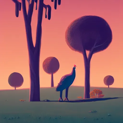 Image similar to a painting of a large bird standing next to a tree, a storybook illustration by James Gilleard, behance contest winner, environmental art, behance hd, 2d game art, reimagined by industrial light and magic