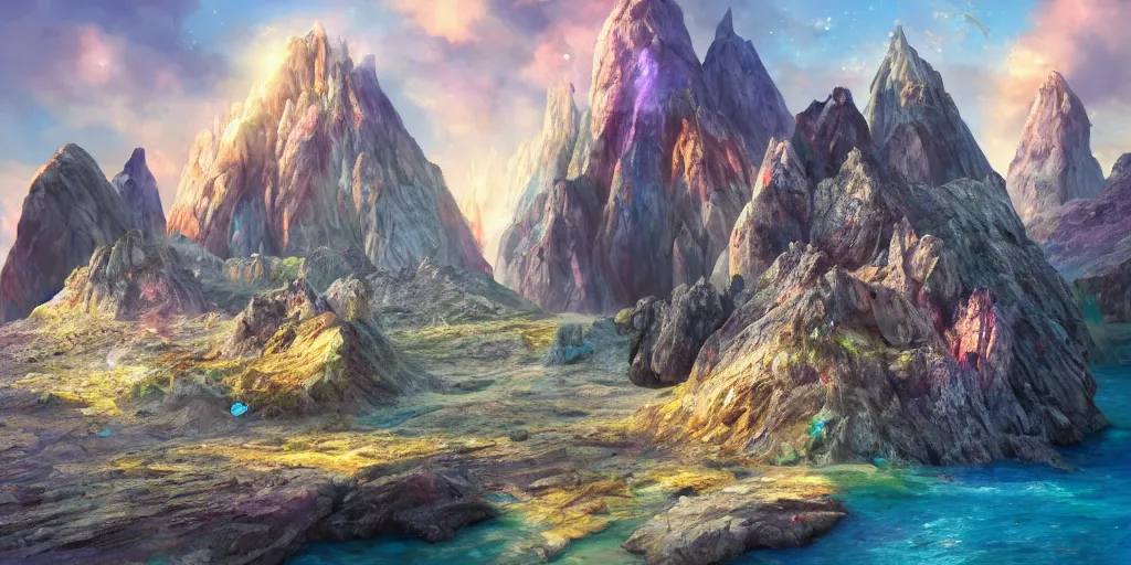 Prompt: a desolate salt covered island surrounded by colourful rugged crystal quartz mountains, illustration, bright sunlight, sun glints, sunrays, digital art, hyperrealistic, oil painting, fantasy, 8 k, trending on artstation, detailed