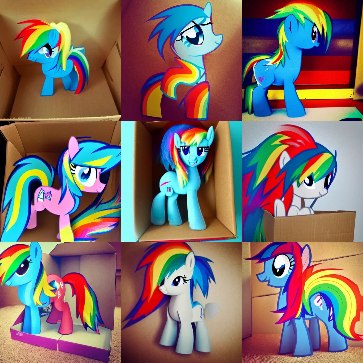 Prompt: Rainbow Dash | Ponies in real life, omg I took this photo of this pony in my living room | Instagram Photo, Filly Rainbow Dash in a Cardboard Box