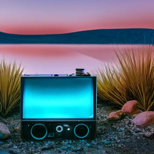 Prompt: 4 k polaroid wide angle photo of a giant stainless steel reflective boombox speaker, half submerged in water, in a desert oasis lake, at dusk, with neon lighting