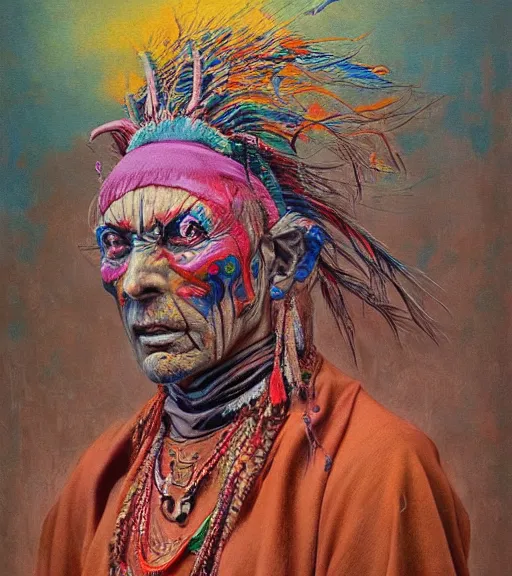 Image similar to Portrait painting in a style of Beksinski mixed with Alex Grey of an old shaman dressed in a colorful traditional clothes.