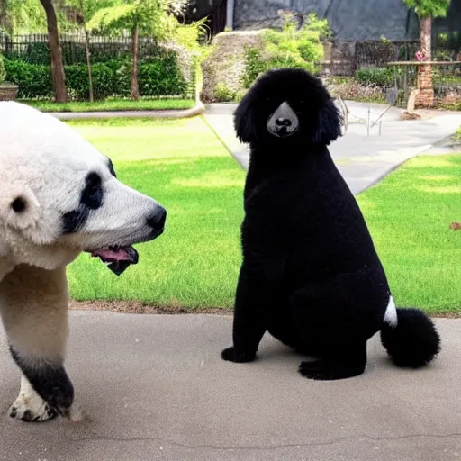 Prompt: a photo of a black poodle dog next to a panda,