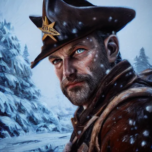 Image similar to A comic book style portrait painting of a sheriff in a a post apocalyptic winter landscape, unreal 5, DAZ, hyperrealistic, octane render, RPG portrait, ambient light, dynamic lighting