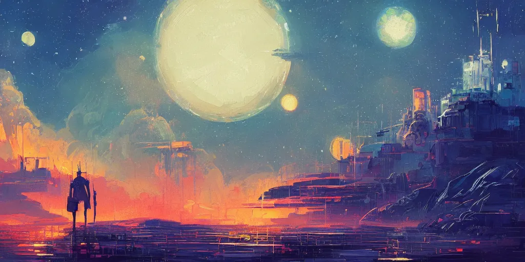 Prompt: a mysterious epic gouache painting of a steampunk planet by alena aenami in the style of romanticism art, trending on art station