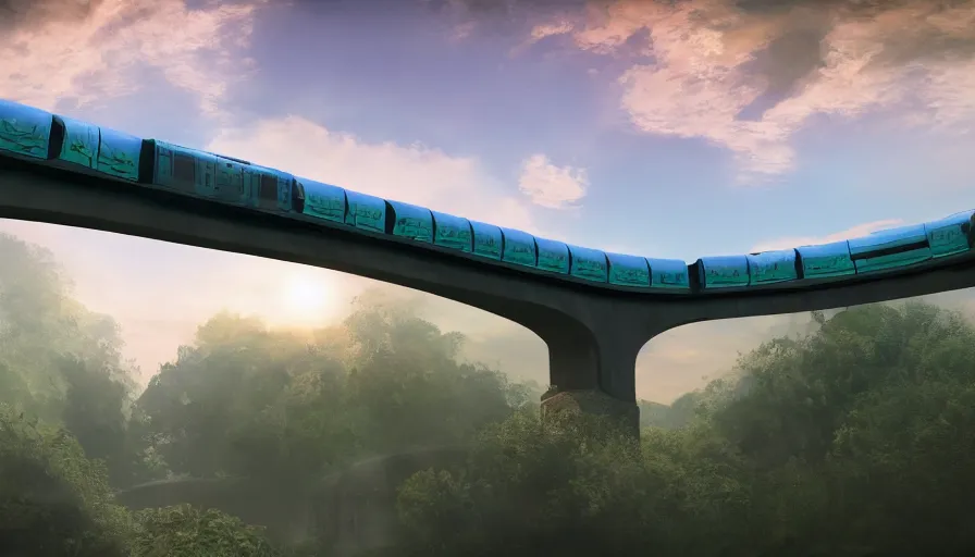 Image similar to futuristic train driving under aqueduct, green hills, matte painting, artstation, sunrise, blue sky, drone view