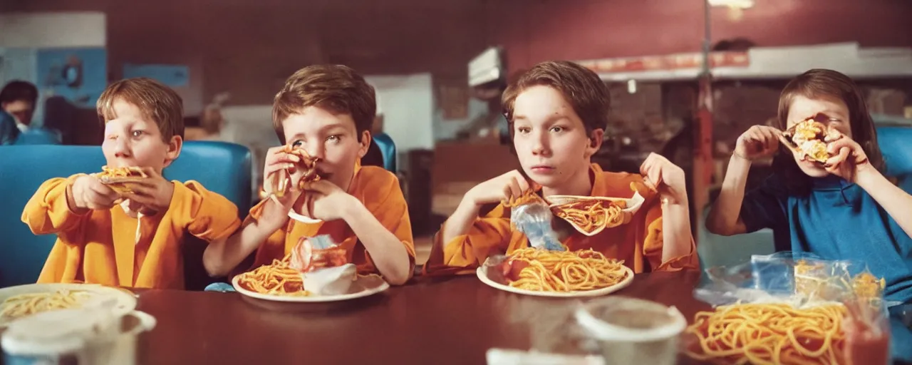 Image similar to a boy and girl at the movies snacking on a spaghetti container, kodachrome, in the style of wes anderson, retro