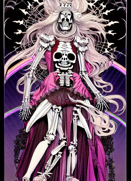 Prompt: highly detailed terada katsuya artstation ayami kojima manga poster of princess mechine as fanged vampire skeleton, rainbow gradient reflection, long hair, armor, dress, laces, ruffles, 8 k, maximalist,, jump comics, tomer hanuka, alphonse mucha