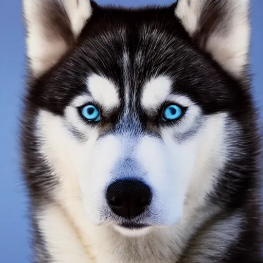 Prompt: A Husky dog wearing a hat highly detailed photography, highly detailed eyes Blue on the Husky dog