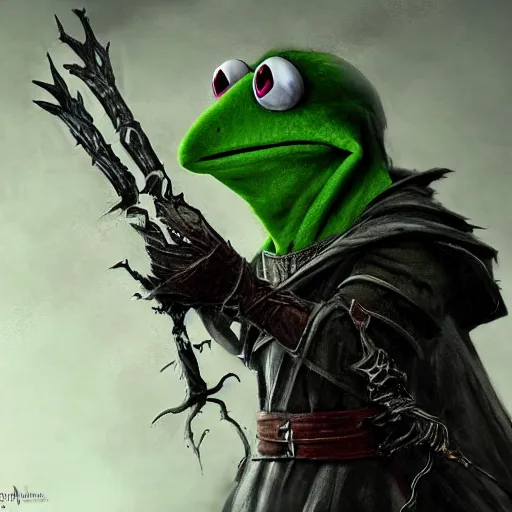 Image similar to evil kermit the frog, dark souls, bloodborne, elden ring, by hidetaka miyazaki