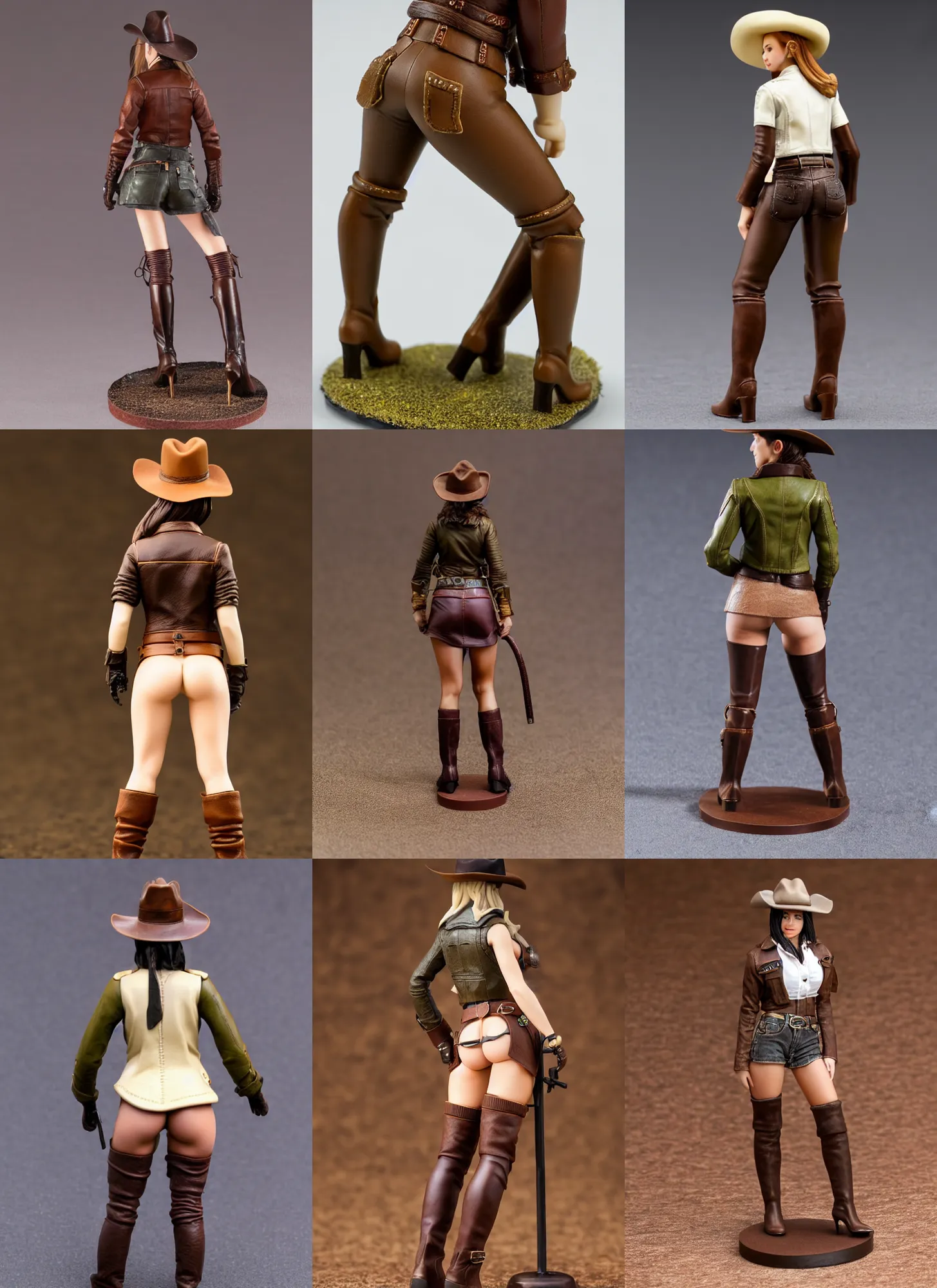 Prompt: 80mm resin detailed miniature of a cow girl, Short brown leather jacket, ten-gallon hat, over-knee boots, navel, olive thigh skin, on textured disc base; Miniature product Introduction Photos, 4K, Full body; View from behind