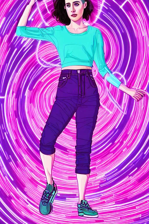 Image similar to a award winning half body portrait of a beautiful kristen ritter in a croptop and cargo pants with ombre purple pink teal hairstyle and hands in pockets by ari liloan, surrounded by whirling illuminated lines, outrun, vaporware, shaded flat illustration, digital art, trending on artstation, highly detailed, fine detail, intricate