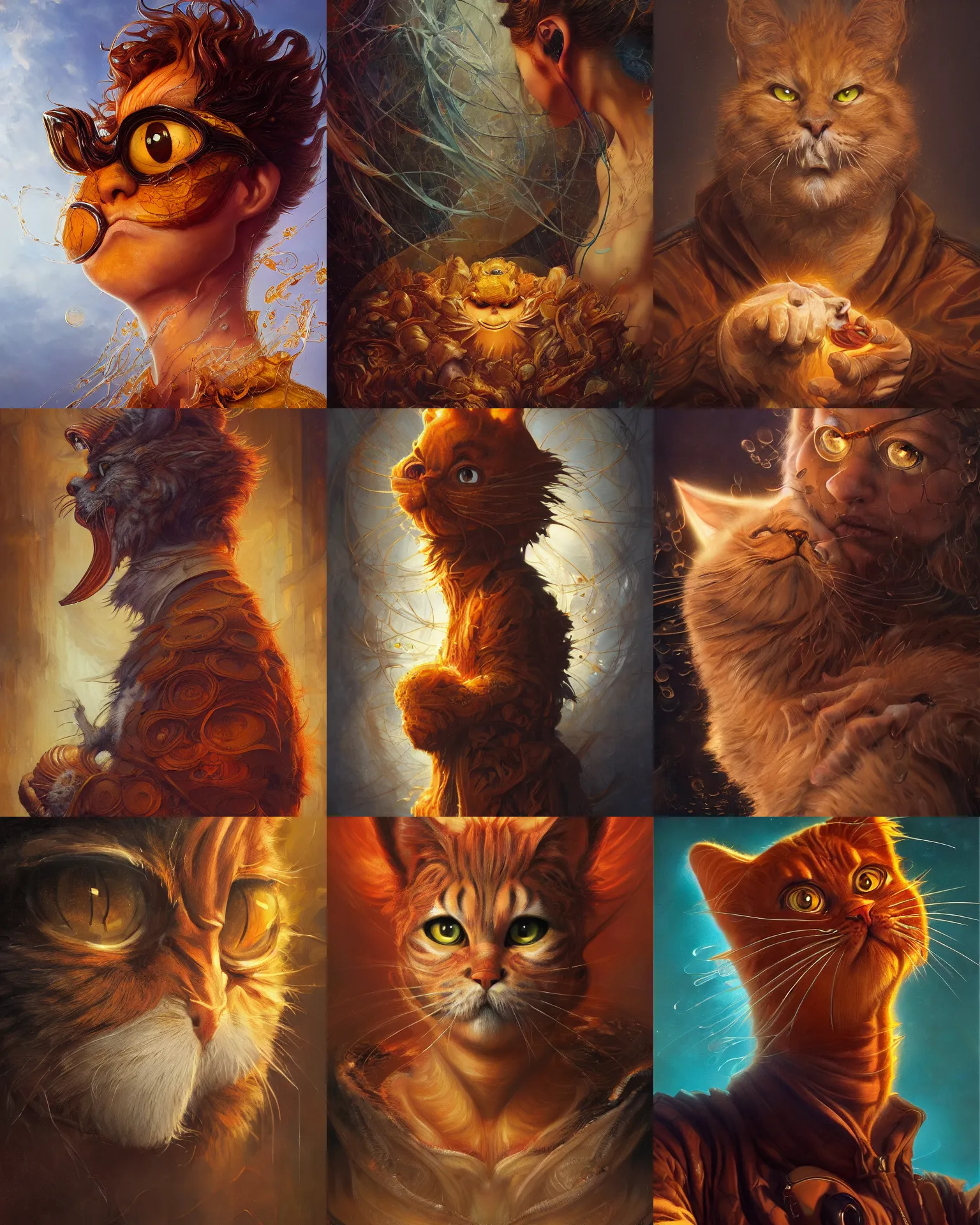 Prompt: garfield by karol bak, james jean, tom bagshaw, rococo, sharp focus, trending on artstation, cinematic lighting, hyper realism, octane render, 8 k, hyper detailed.