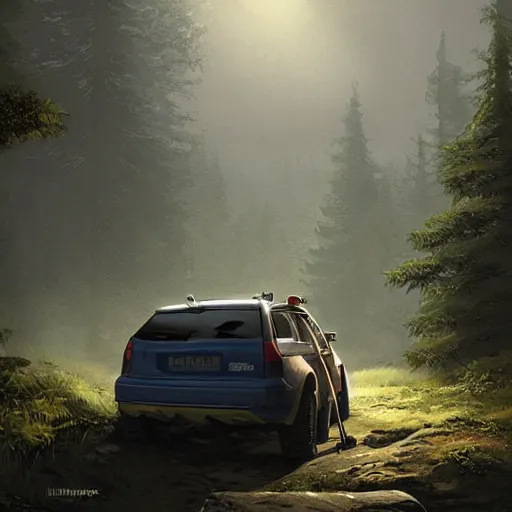 Image similar to hiker unloading the car before camping, by etienne hebinger, cgsociety, cynical realism, fantasy art, 2 d game art