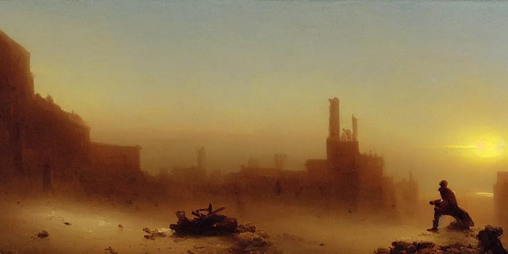 Image similar to The last man on Earth looks out across a ruined city at sunset, oil painting by Ivan Aivazovsky