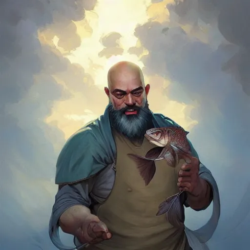 Image similar to wow! fanart young black bearded and bald man with a fish in his hand, d & d, high fantasy, detailed, digital art, artstation, smooth, sharp focus, art by artgerm, greg rutkowski, alphonse mucha