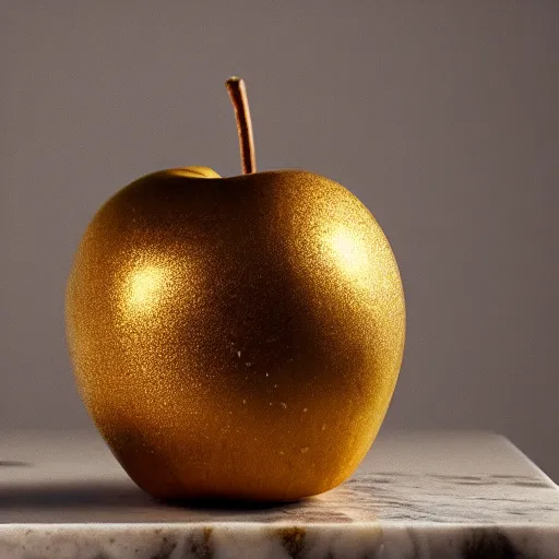 Image similar to single golden apple on a roman pillar made of marble, 4 k, studio lighting