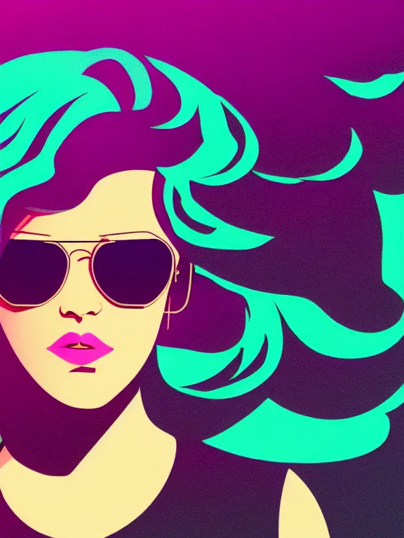 Prompt: portrait art of an beautiful muted vaporwave ombre stylish retrofuturistic woman wearing oversized aviator sunglasses atmosphere, glow, shaded, full of colour, cinematic lighting, trending on artstation, 4 k, focused, vector, by patrick nagel, bold clean lines