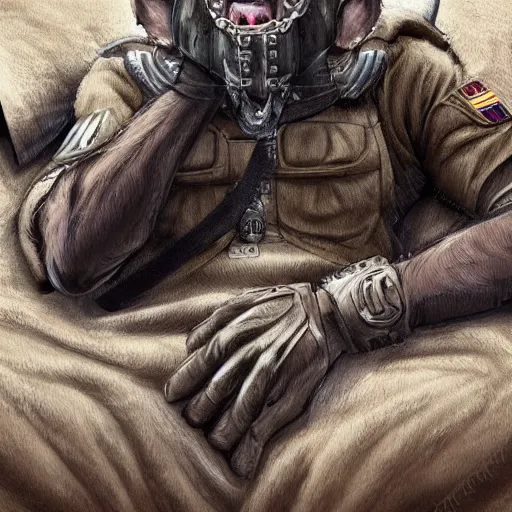 Image similar to a humanoid german shepherd beast - man in military style, sitting on the carpeted floor beside a bed, highly detailed portrait, digital painting, artstation, concept art, smooth, sharp foccus ilustration, artstation