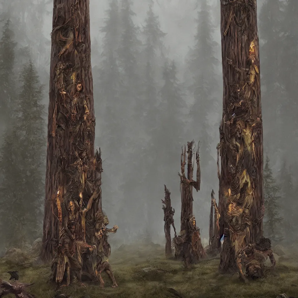 Image similar to evil druids performing a ritual around a tall wooden totem, on a hill, a detailed matte painting, fantasy, foggy