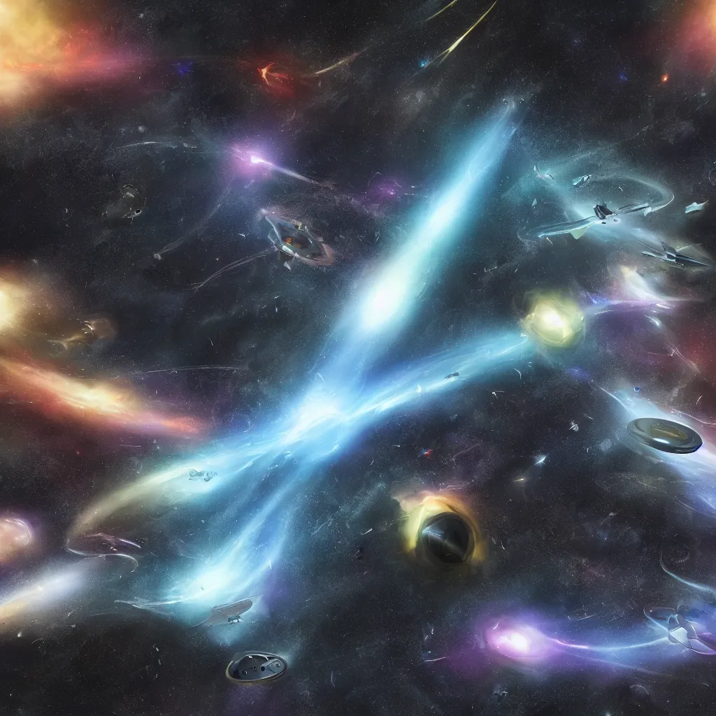 Prompt: galactic space fleet flying into a black hole 8 k resolution