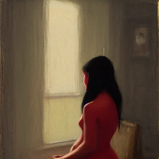 Prompt: girl with long black hair, in backless red dress, backview, sitting on edge of bed, in a candle lit room, by jeremy lipking, tim rees, joseph todorovitch