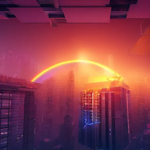 Prompt: a city upside down in the sky, connected with rainbows with the floor. Trending on artstation. Rendered in octane. 4k. In the style of craig mullins and Beeple.