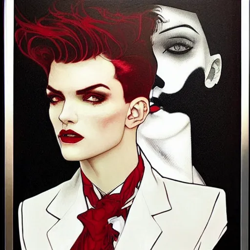 Prompt: fetching portrait of androgynous ruby rose as desire from sandman in a white tuxedo!!!, rockabilly style,, by alphonse mucha, by jeremy mann, by peter lindbergh, dave mckean, by frank moth, white suit and black tie, soft lightning, high detailed, 8 k