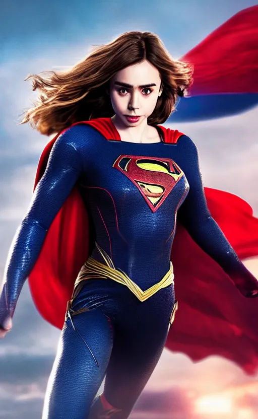 Image similar to a potrait of Lily Collins as Supergirl with man of steel suit style and full armour by Zack Snyder, 8k photorealistic, cinematic lighting, HD, high details, dramatic, trending on artstation, view from above