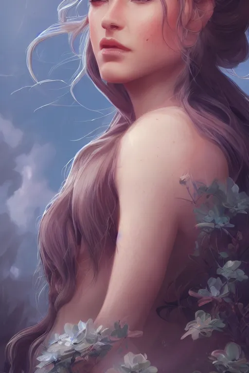 Image similar to mother nature, character art portrait, official media, illustrated by charlie bowater and ilya kushinov, extremely detailed, 8 k, trending on artstation, cinematic lighting, beautiful,