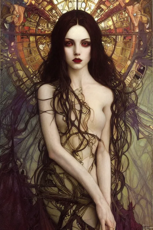 Prompt: masterpiece painting of beautiful vampire girl by donato giancola, h. r. giger and tom bagshaw, face by artgerm and edmund leighton, background by james jean and alphonse mucha, 8 k, gothic horror, majestic, volumetric lighting, porcelain skin, art deco, trending on pixiv