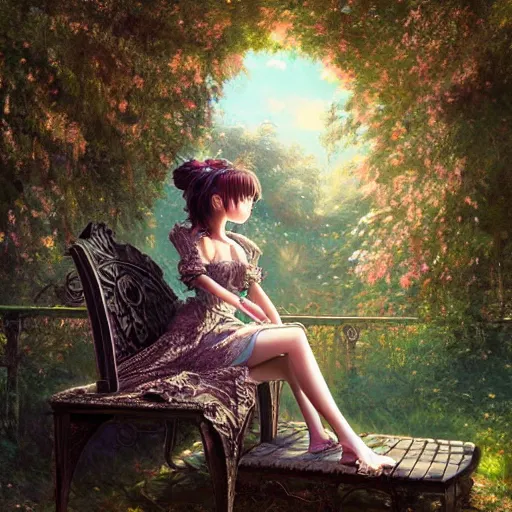 Image similar to beautiful young girl in intricate clothing, sitting on a bench of an overgrown abandoned castle, reflections, very high intricate details, painting, digital anime art, medium shot, mid - shot, wlop, ilya kuvshinov, artgerm, krenz cushart, greg rutkowski, sana takeda