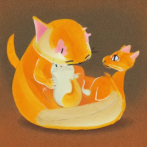 Image similar to tiny dragon cuddling an orange tabby cat, cozy, realistic