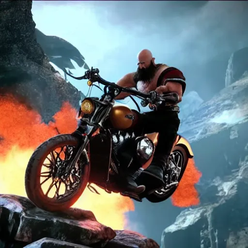 Image similar to kratos, with leviathan axe, jumping a black harley - davidson motorcycle off a cliff, cinematic render, playstation studios official media, god of war 2 0 1 8