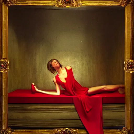 Prompt: Rachel Cook full body laying in a blood red pool of water between a golden mirror frame, outside is space and inside the mirror frame is a beautiful landscape., physically accurate, dynamic lighting, intricate, elegant, highly detailed, digital painting, artstation, HR GIGER, Hieronymus Bosch, Francis Bacon, concept art, smooth, sharp focus, illustration, art by artgerm and greg rutkowski and alphonse mucha