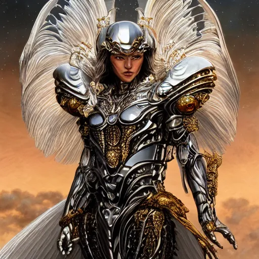 Prompt: a beautiful muscular male angel wearing a silver chrome armor with golden ornaments and diamonds jewelry by alex gray and android jones, karol bak, ayami kojima, amano, concept art, character design, fantasy, 3 d, 8 k resolution