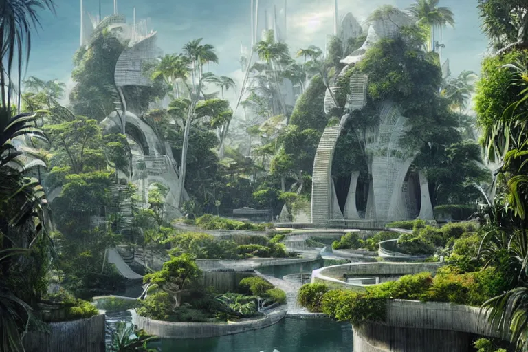 Image similar to brutalist futuristic white Aztec structures, manicured garden of eden, pools and streams, tropical foliage, birds, sculpture gardens, Winter, by Jessica Rossier and Brian Froud