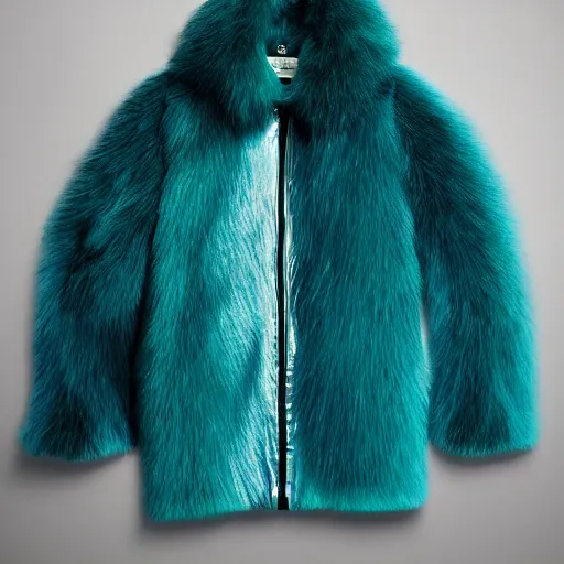 Image similar to an award - winning editorial photo of a medieval nike jacket made of very fluffy teal faux fur : : with a reflective iridescent oversized collar, dramatic lighting, realistic, designed by alexander mcqueen