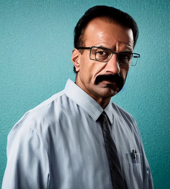 Prompt: Indian Walter white, portrait photo, smirk, mysterious , 85mm, teal studio backdrop, Getty images