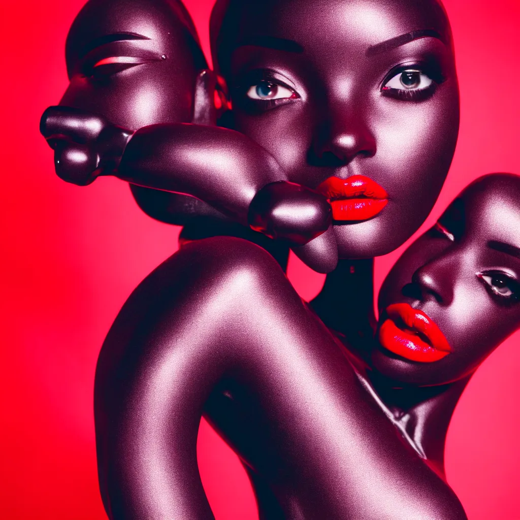 Image similar to medium shot, photograph of alluring dark skin female robot looking into camera, red lipstick, sharp focus,, chromatic abberations, as fashion editorial 9 0 s